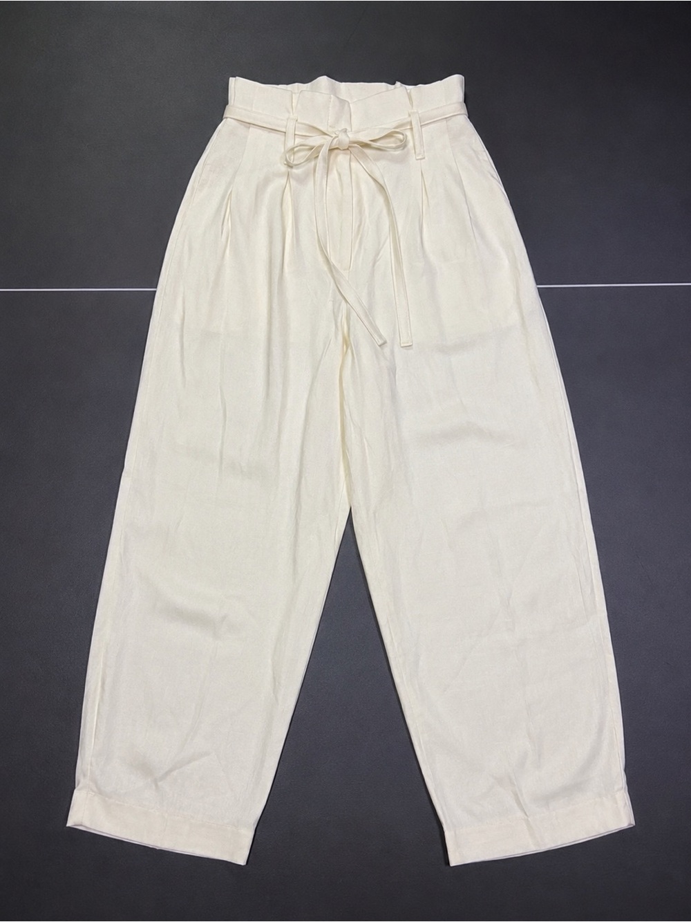 Express Womens 4R Pants Cream Ankle High Rise Paperbag Waist Linen Blend